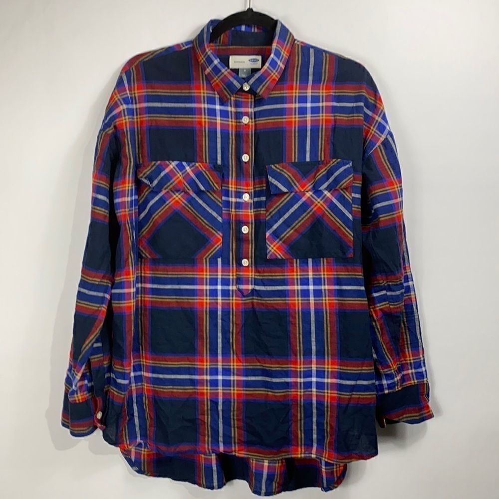 Old Navy Boy Friend Plaid Blue Blouse size Medium